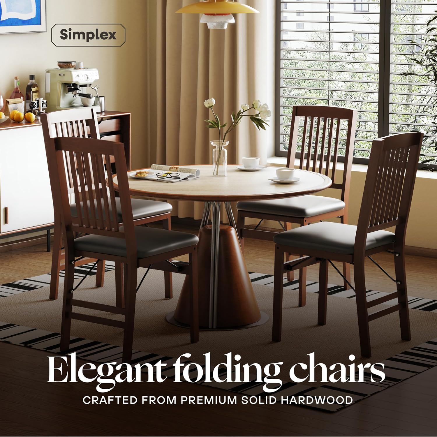 SIMPLEX Compact Folding Wood Dining Chairs (Set of 2) – No Assembly, PU Leather Cushions, 400 lb Load Capacity, Space-Saving Design for Apartment & Kitchen Use