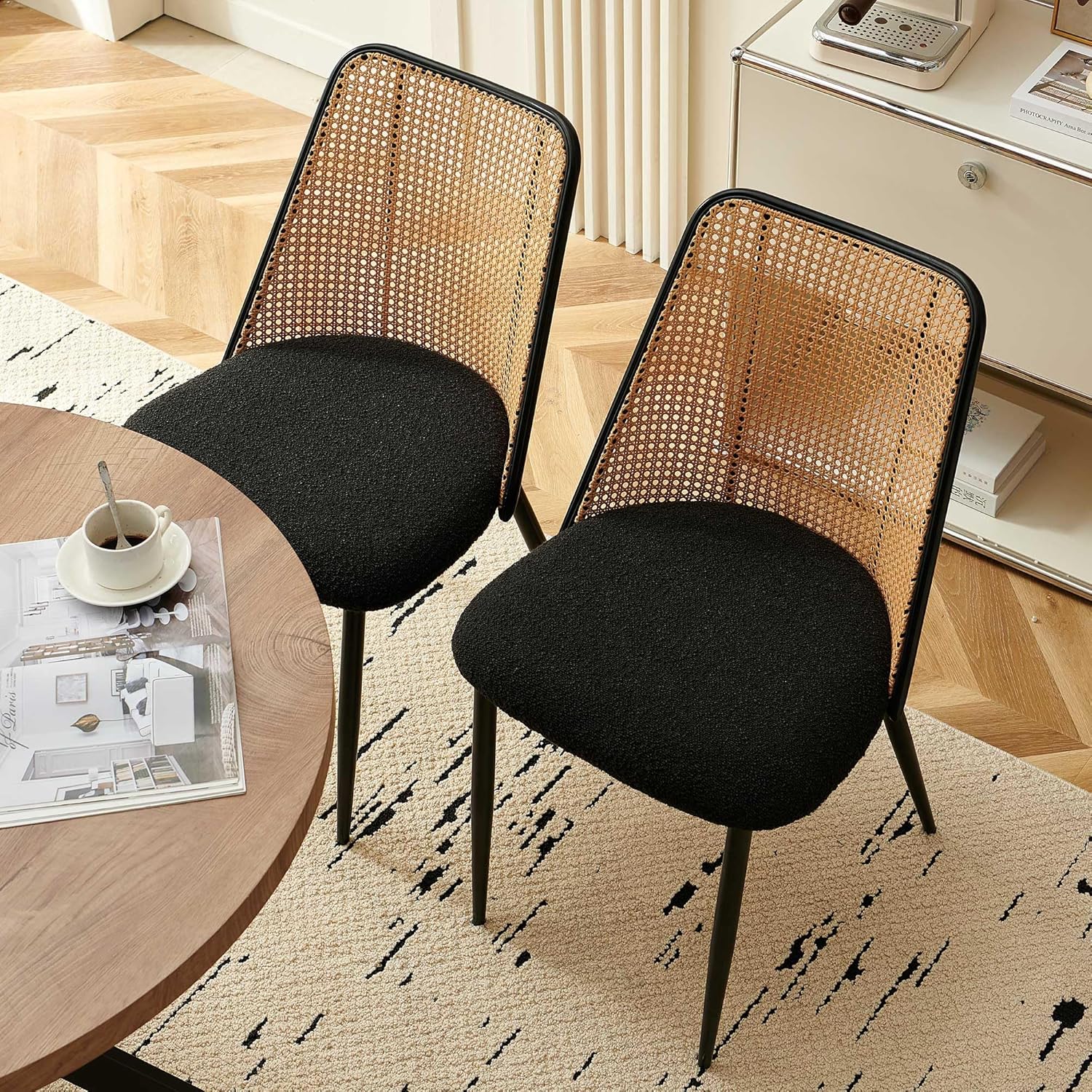 Homedot Modern Rattan Dining Chairs Black Set of 4, Upholstered Dining Room Chairs Boucle Woven Cane Kitchen Dining Accent Chairs for Reception Rooms, Restaurant