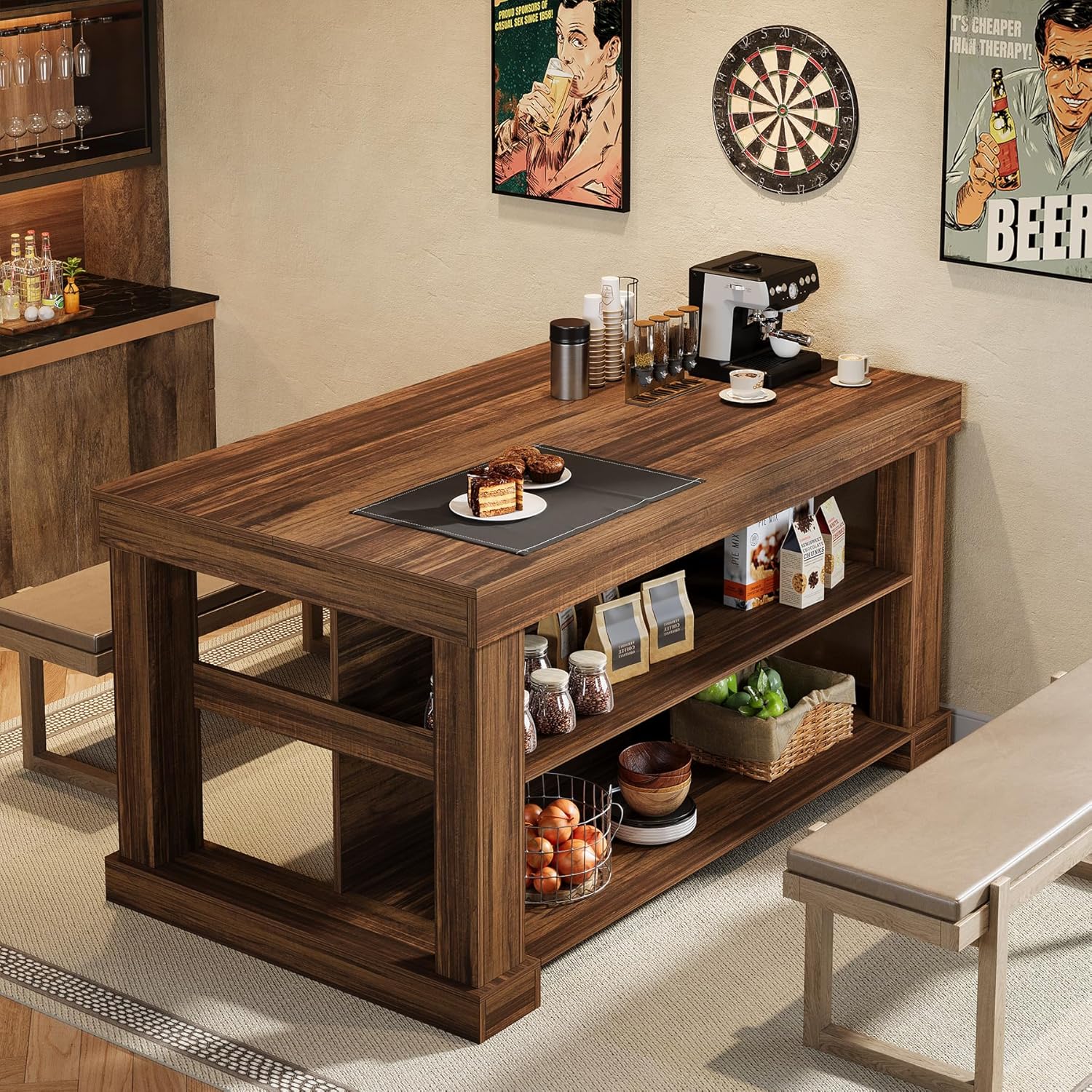 Tribesigns Bar Table, 55-Inch Counter Height Pub Table with Storage Shelves, High Top Kitchen Dining Table, Rectangle Wood Home Bar Unit for Dining Room, Bistro, Dark Brown