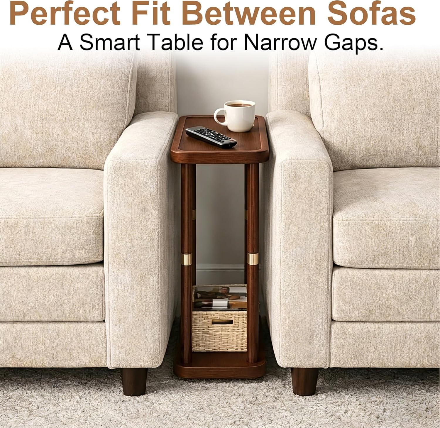 Narrow Side Table, 2-Tier Solid Wood Slim End Table for Small Spaces, 7.5-Inch Skinny Nightstand with Tray Top Storage Shelf for Bedroom, Living Room, Sofa Side, Red Brown