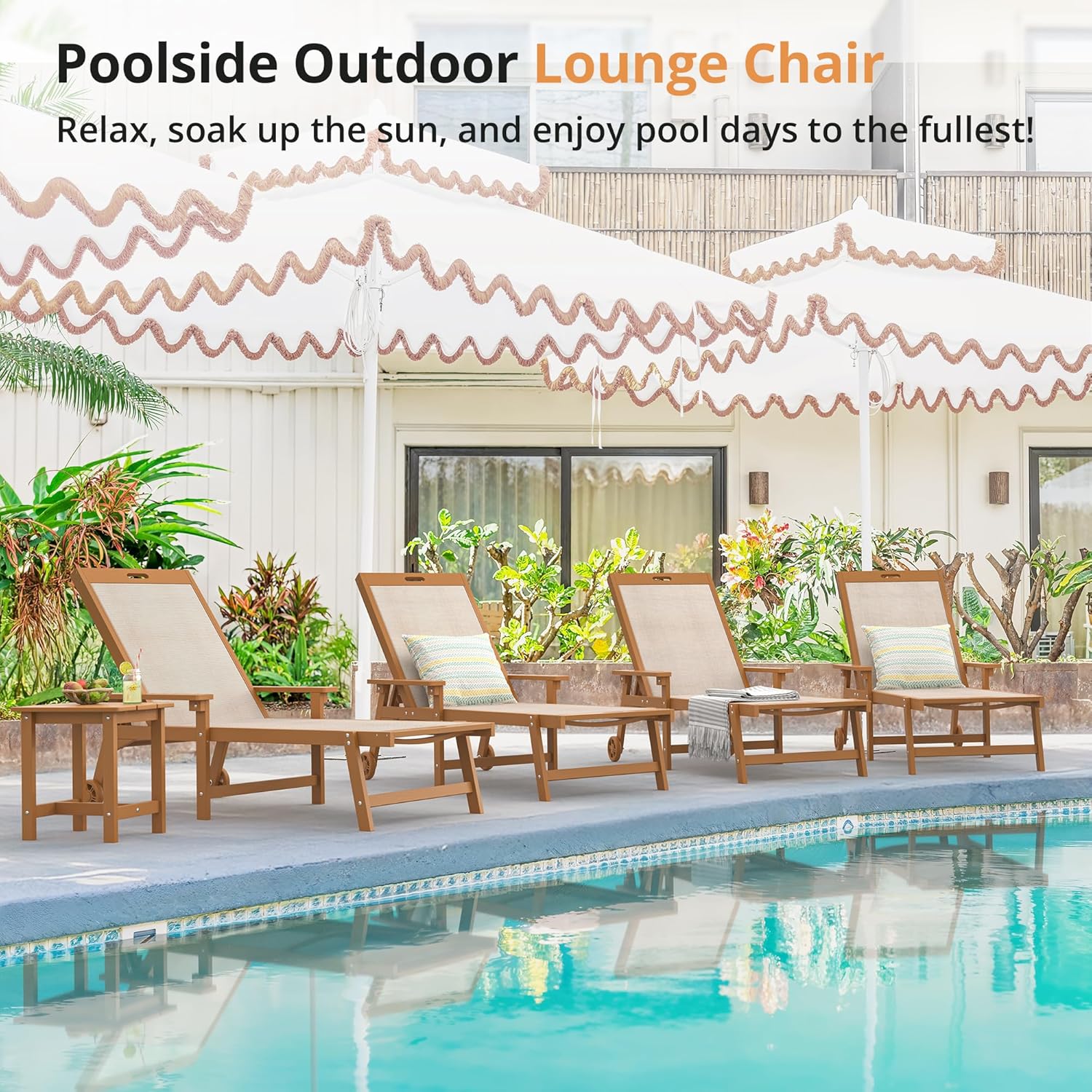 LUE BONA Chaise Lounge Chair Outdoor Set of 2, HDPS and HDPE Wicker Chaise Lounger with 5 Positions, Pool Lounge Chairs with Wheels and Adjustable Backrest for Patio, Poolside, Deck, Backyard