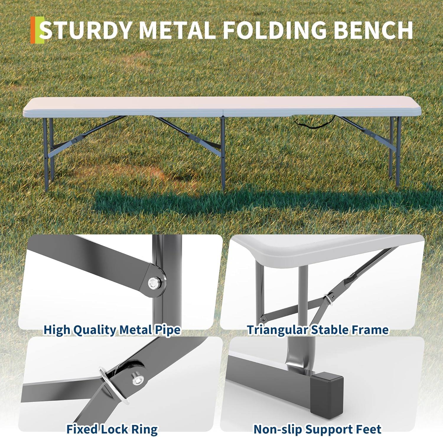 Garvee 6FT Folding Bench, Plastic Portable Folding Bench Seat with Carry Handle & Lock for in/Outdoor Activities, Picnic, Soccer, Caming Dining Seat, White