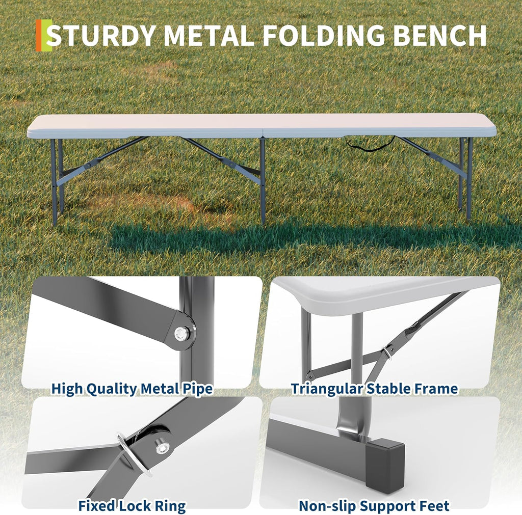 GarveeLife Portable Folding Bench 6 Foot, Plastic Foldable Bench HDPE BenchTop with Carrying Handle for Outdoor Picnic Camping Party Sports Activities - White