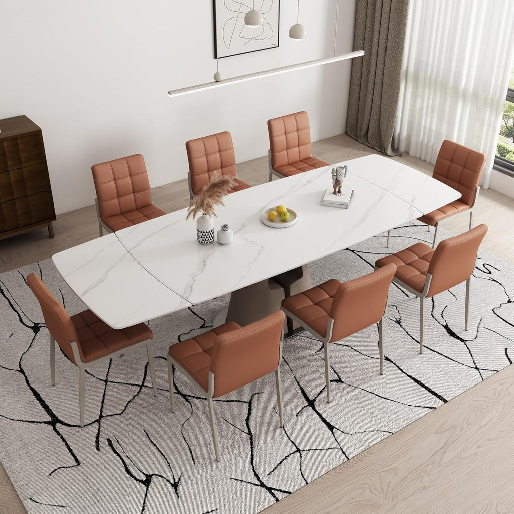 90" Extendable Dining Table – Sintered Stone Top, White, Seats 8-10, Telescopic Leaves, Leather Base, Modern Desig（Table Only