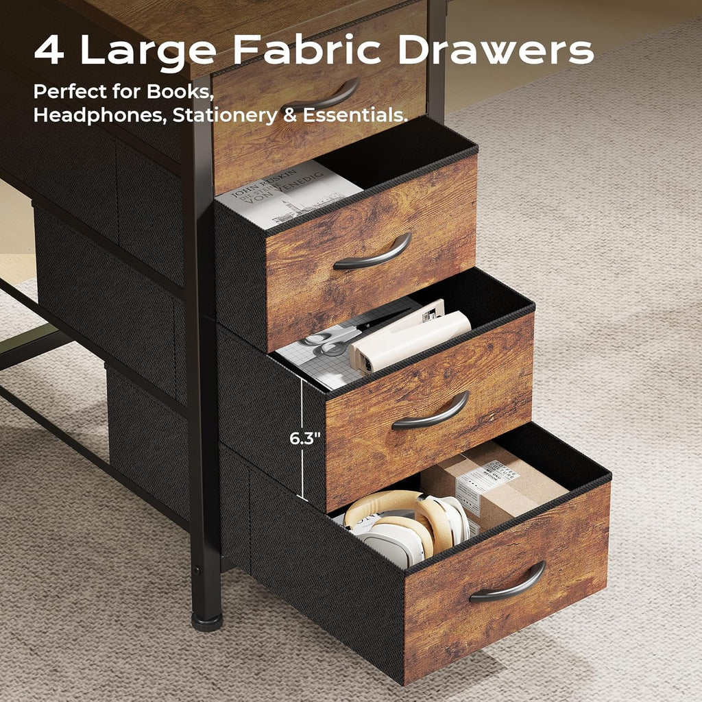 Huuger 55 Inch L Shaped Desk with Fabric Drawers, Reversible Computer Gaming Desk with Power Outlets and USB-C Port, Adjustable Side Storage Shelves, for Work Corner Home Office, Rustic Brown