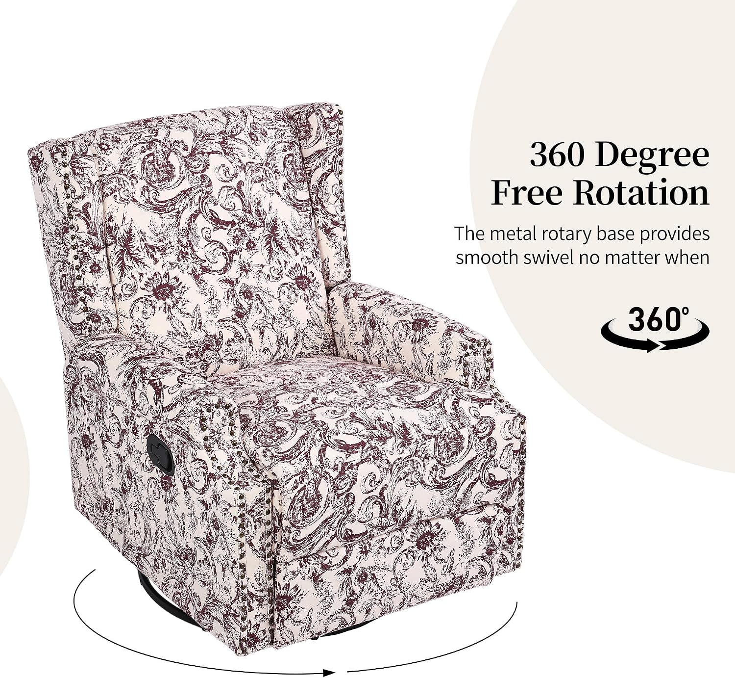 Swivel Rocker Recliner Chair, 360° Swivel Wingback Recliner Chairs for Adults, Upholstered Glider Rocking Chair with High Back, Deep Seat for Living Romm Bedroom, Rococo Plum