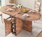 Jocoevol Round Folding Dining Table for 6, Space Saving Drop Leaf Kitchen Table with Storage Drawer, 6 Wheels Oval Gateleg Foldable Dining Table for Small Spaces (Vintage, 51" x 31.5" x 30")