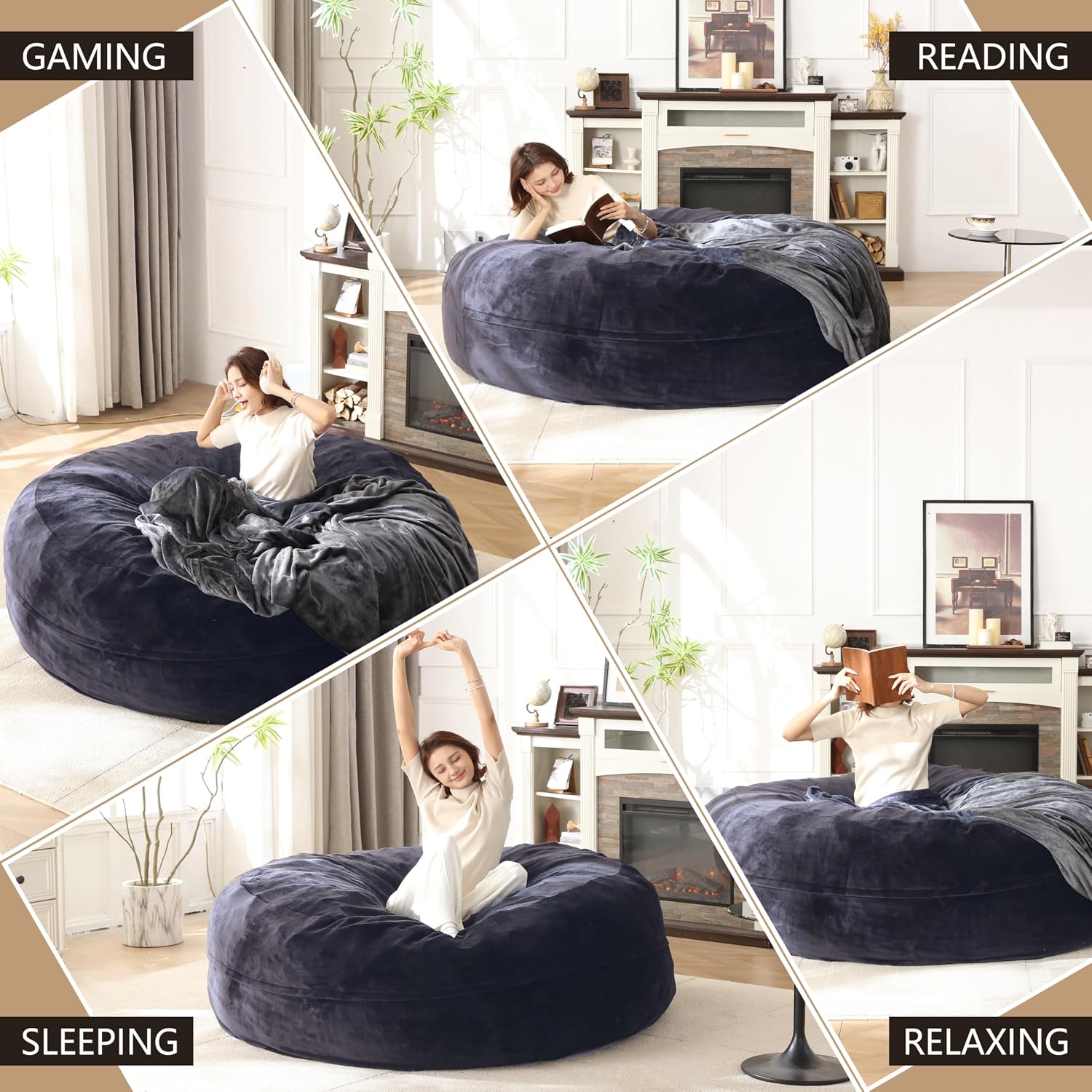 Bean Bag Chair for Adults Soft Comfy Bean Bag for Adults, Cozy Reading Chair, Large Round Bean Bag Couch, Versatile Living Room & Bedroom Chairs (Blue, 6FT)