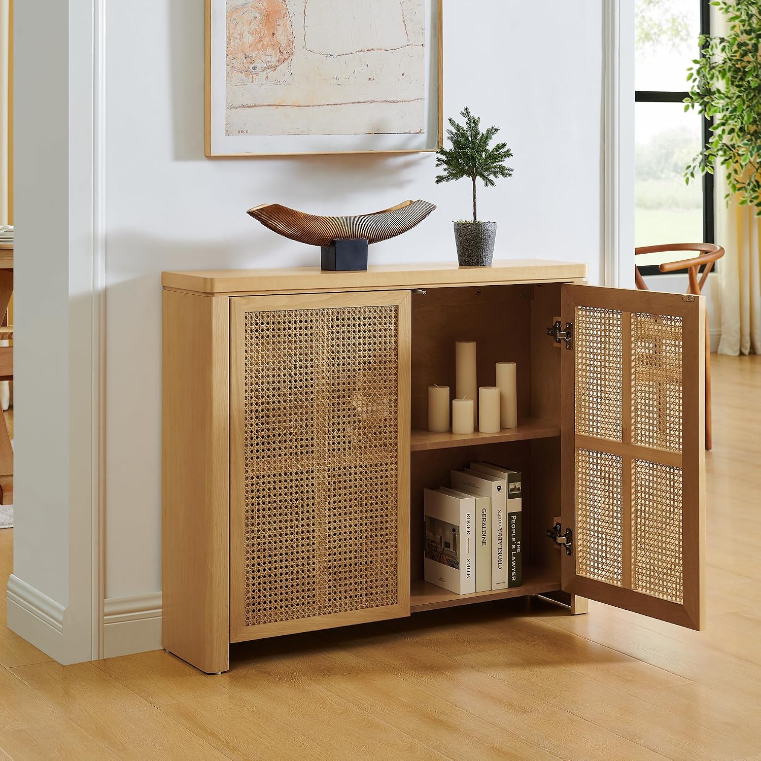 LKTART Small Sideboard Buffet Cabinet,Thin Kitchen Storage Cabinet with 2 Rattan Doors,Boho Wooden Console Table for Living Room,Entryway(39.4" Natural)