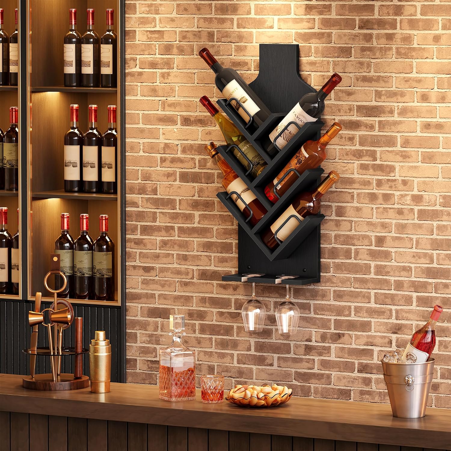 FAVOOSTY Wine Rack Wall Mounted for 6 Wine Bottles, Wall Racks for Wine Bottles Display and Storage with Glass Holder, Wood Wine Rack for Living Room, Dining Room, Wine Cellar, Bar (Black)