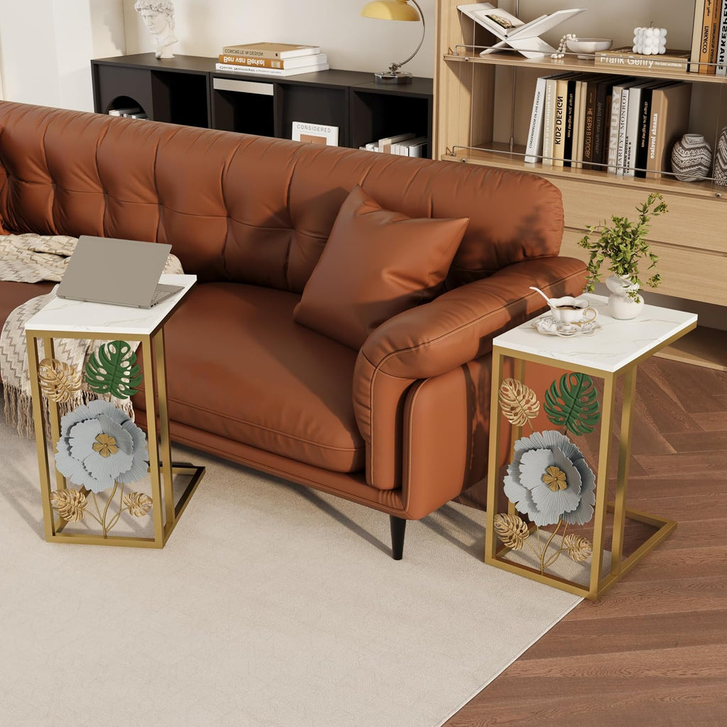 Antique C-Shape End Table with Faux Marble Top and Metal Flower Design, Narrow Gold Couch Side Table for Drink and Snack, Bedside Table, Laptop Table for Living Room, Bedroom