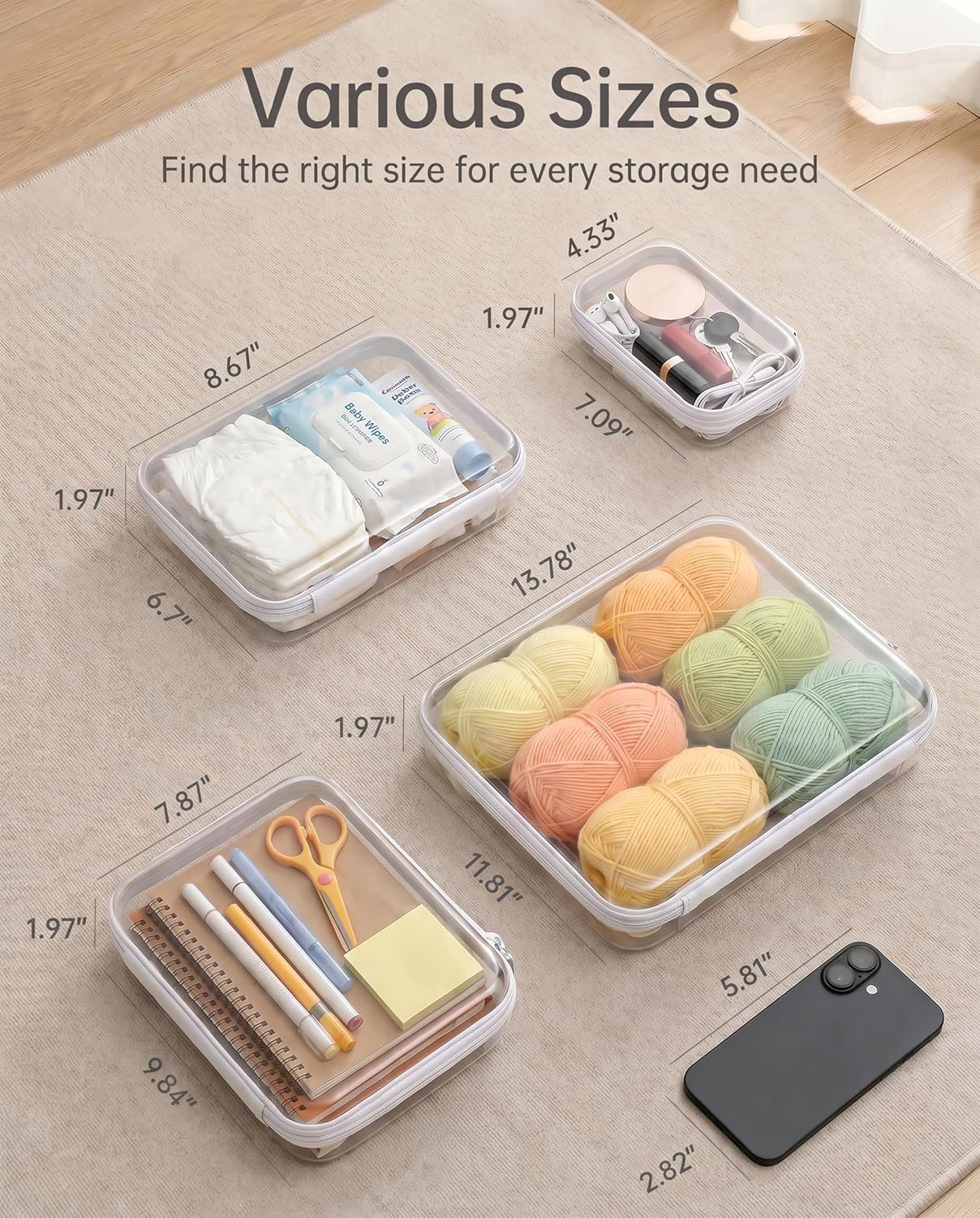 3 Pack Medium White Clear Hard Shell Zipper Case, Clear Storage Organizer Bins with Zipper, Water-Resistant Travel Toiletry Bag for Makeup, Cables, Snacks, Crafts, Office Supplies