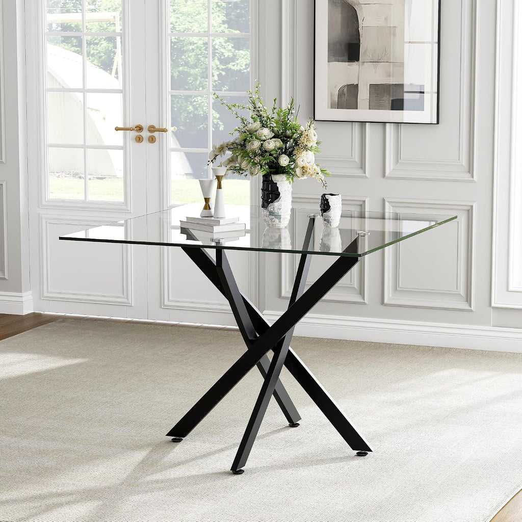 AF ARTISAN FURNITURE 36” Square Glass Dining Table for 4, Clear Tempered Glass Kitchen Table with Black Metal X Legs, Small Square Dining Table for Apartment, Dining Room & Bistro