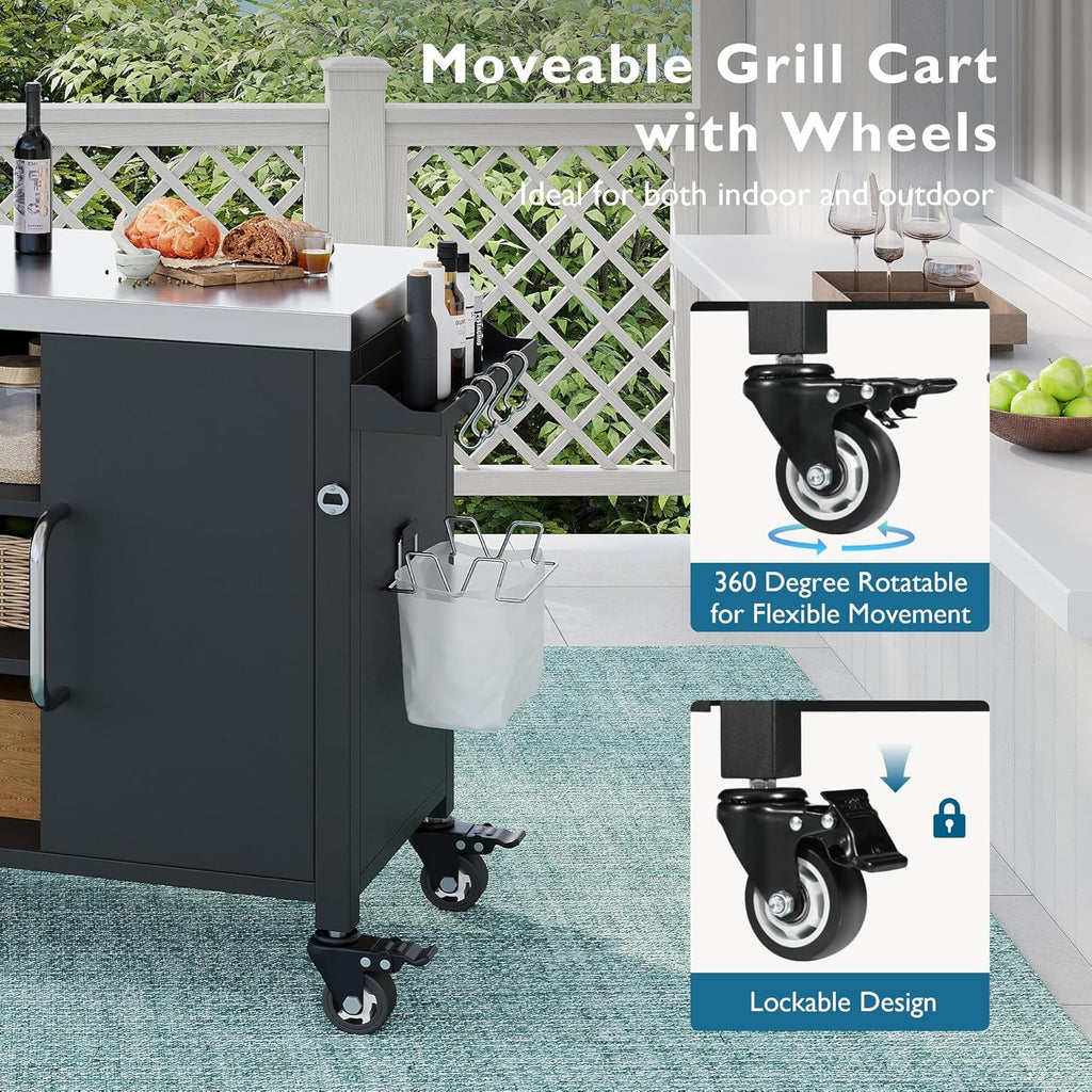 JIJIWANG 55.5" Outdoor Kitchen Island with Stainless Steel Sink, Outdoor Bar Cart Sink Station with 4 Lockable Wheel for Pizza Prep & BBQ Black