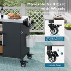 JIJIWANG 55.5" Outdoor Kitchen Island with Stainless Steel Sink, Outdoor Bar Cart Sink Station with 4 Lockable Wheel for Pizza Prep & BBQ Black