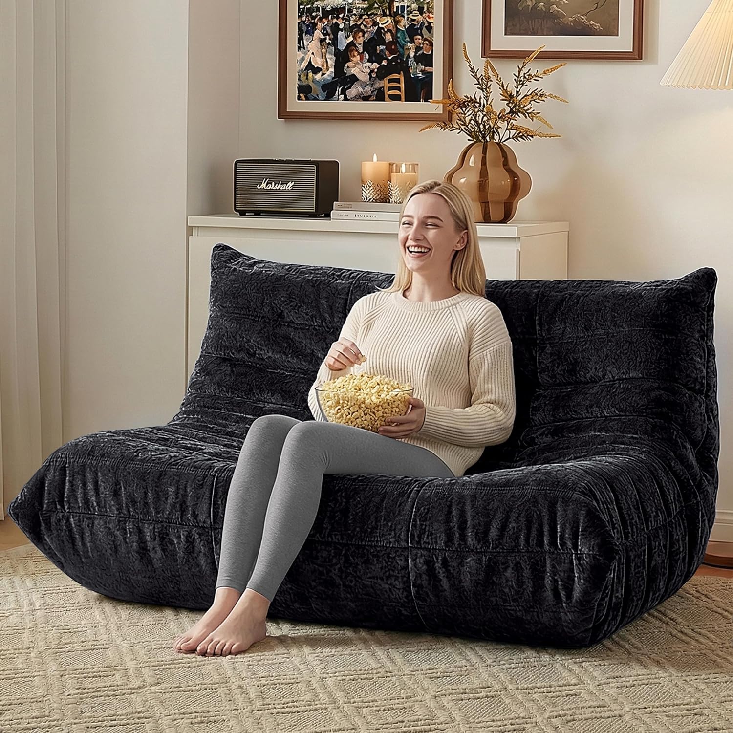 HABUTWAY Bean Bag Chair, Giant Bean Bag Chairs for Adults, Loveseat Fireside Chair, 2 Seater Lazy Bean Bag Sofa Memory Foam Couch for Living Room, Bedroom, Office (Black)