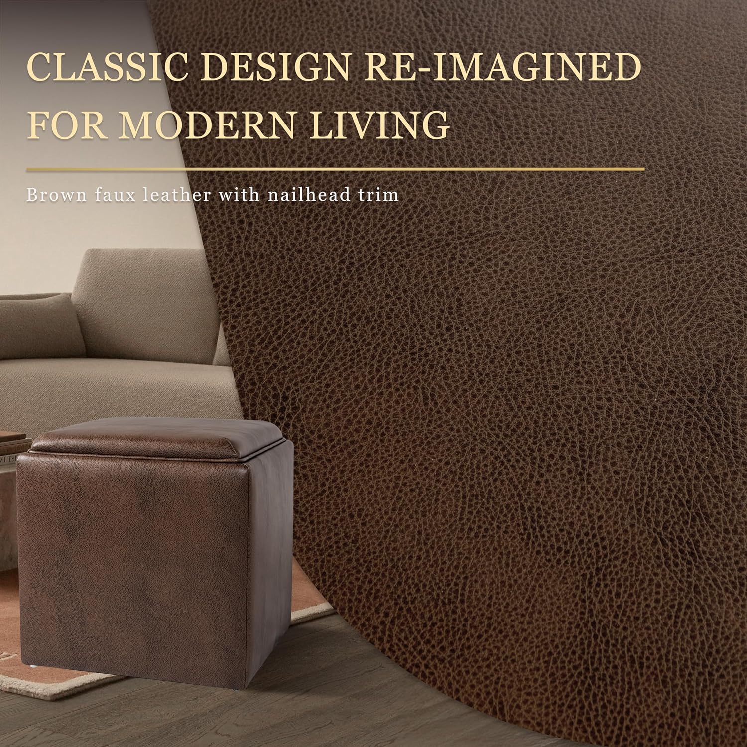 HomePop 17.5" Storage Ottoman with Tray Top - Brown Faux Leather