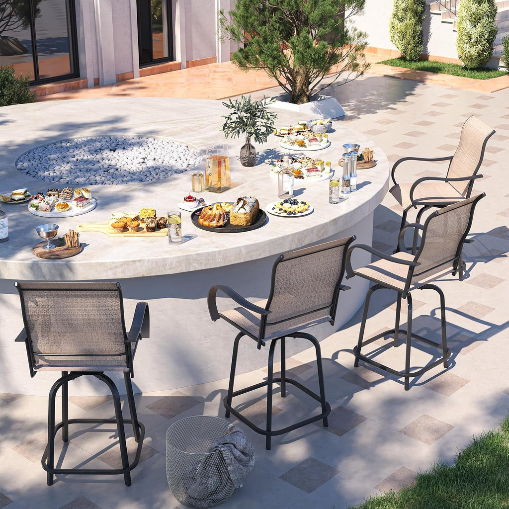 UDPATIO Outdoor Swivel Bar Stools Set of 4,Outdoor High Bistro Stools with Waterproof Textile Fabric,Armrest,Footrest,All Weather Bar Height Patio Chairs for Poolside, Garden, Backyard,Brown