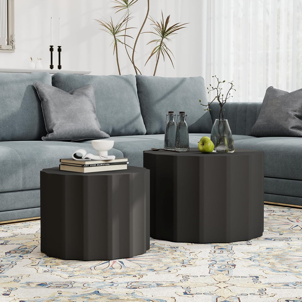 Nesting Coffee Table Set of 2, Modern Round Coffee Table with Non-Slip Feet, Wooden Circle Accent Tables for Small Spaces, Side End Table for Living Room, Bedroom, Balcony, Office, Black