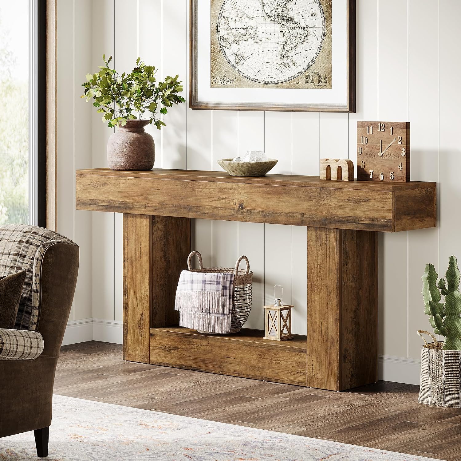 Tribesigns 63" Console Table, Farmhouse 2-Tier Entryway Table with U-Shaped Base, Narrow Long Wood Sofa Table Behind Couch Table for Living Room, Hallway, Foyer, Vintage Brown