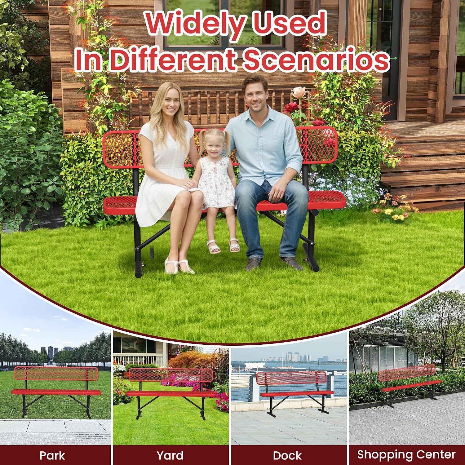 6ft Metal Park Bench with Backrest, Heavy-Duty Steel Outdoor Bench Weatherproof Playground Bench Seats, Commercial Garden Benches Red Dock Benches for Lawn, Park, Deck,Patio, Porch, Easy Installation