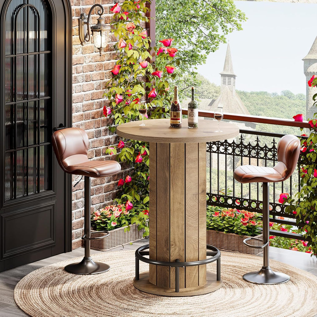Tribesigns Round Bar Table, 39.4" H Wood Bistro Pub Table with Metal Ring Footrest for Dining Coffee Cocktail Living Room, Small Space, Light Brown (Only Table)