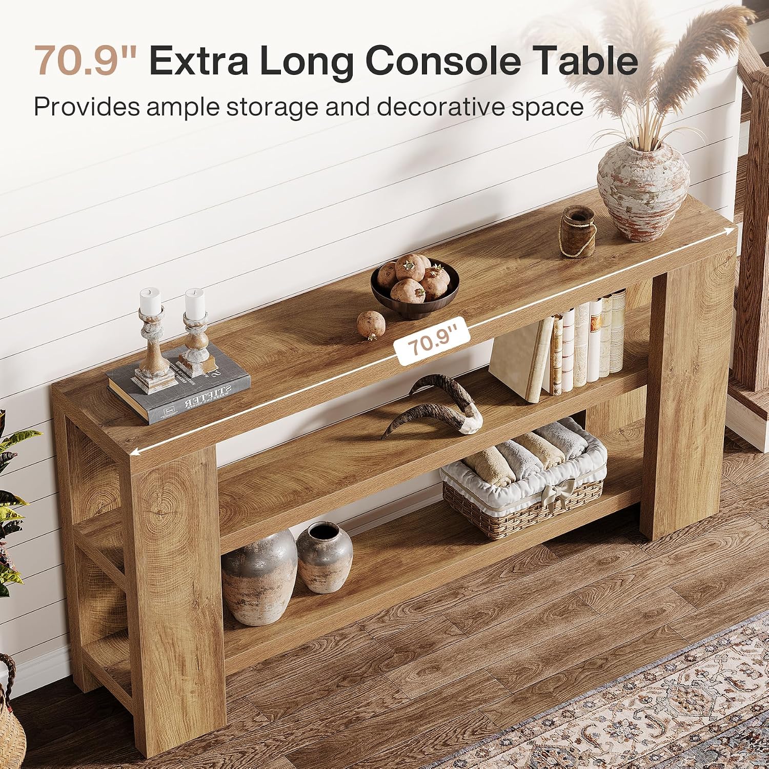 Tribesigns 70.9-Inch Extra Long Console Table with Storage, Narrow Wooden Sofa Table Behind The Couch, Farmhouse 3-Tier Entry Foyer Table for Entryway, Living Room, Hallway, Natural