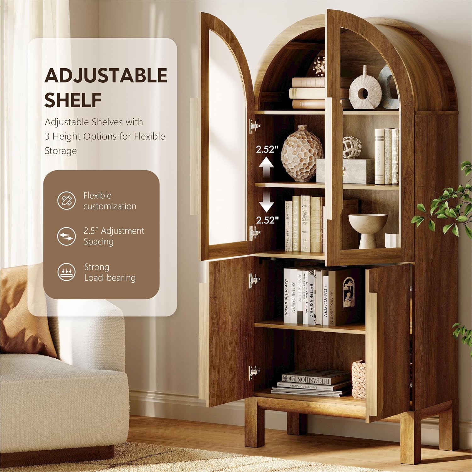 WAMPAT 71" Tall Arched Kitchen Pantry Cabinet with Glass Door, Modern Farmhouse Arched Bookcase with Adjustable Shelves, 5 Tiers Display Cabinet Bookcase for Kitchen, Living Room, Walnut (1 PC)