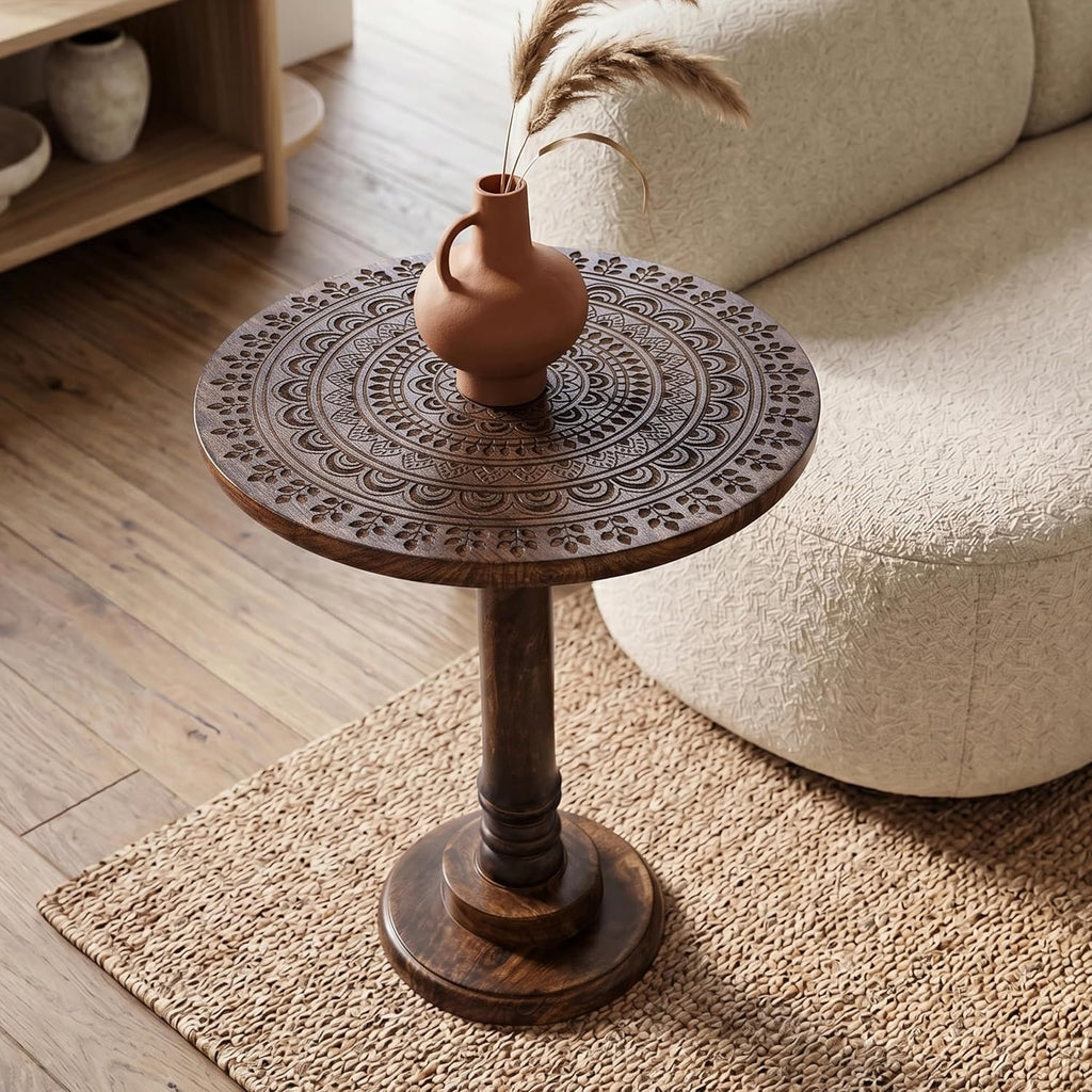 Alpha Living Home Farmhouse End Table, Solid Mango Wood Round Side Table for Living Room, Rustic Accent Table for Bedroom, Sofa Side Table, Burnt Finish, 18 x 22 Inch