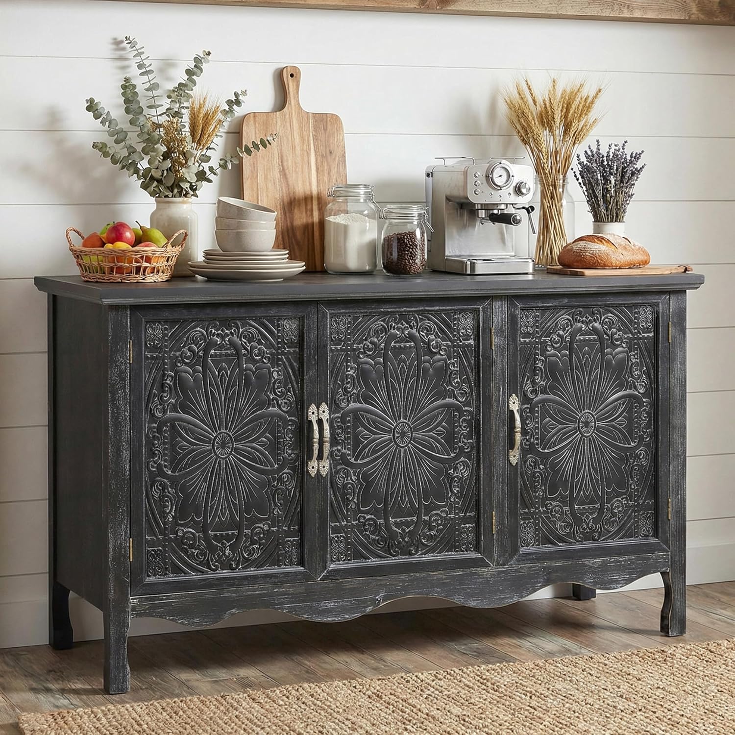 RoyalCraft Buffet Cabinet with Storage, Vintage Solid Wood Sideboard Table Coffee Bar Wine Bar Storage Cabinet with 3 Doors for Dining Room, Living Room, Hallway, Distressed Black