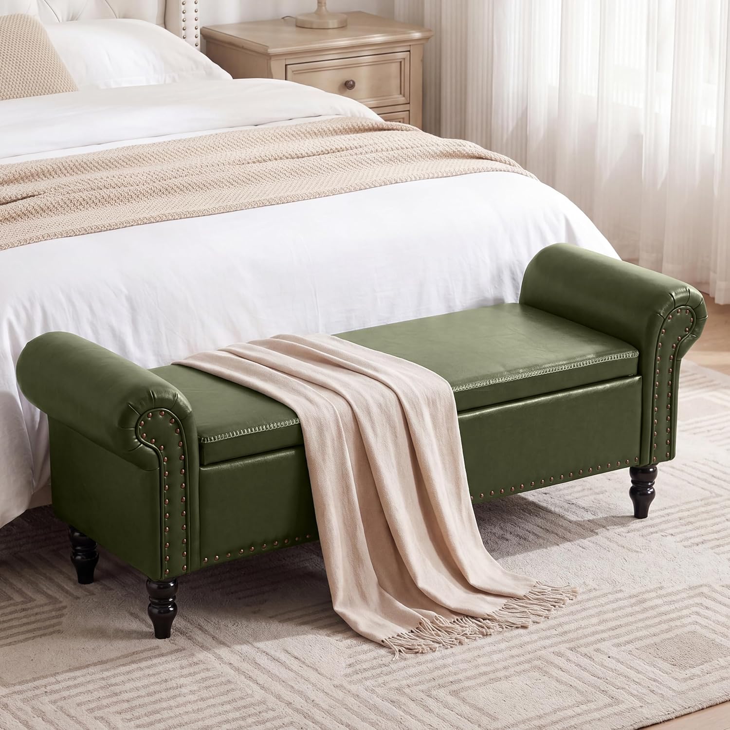 FiveWillowise 64” Storage Benches, End of Bed Bench with Storage,Dark Green | Large Upholstered Storage Ottoman with Tufted, Faux Leather Window Bench with Nailhead Trim for Bedroom, Entryway, Closet