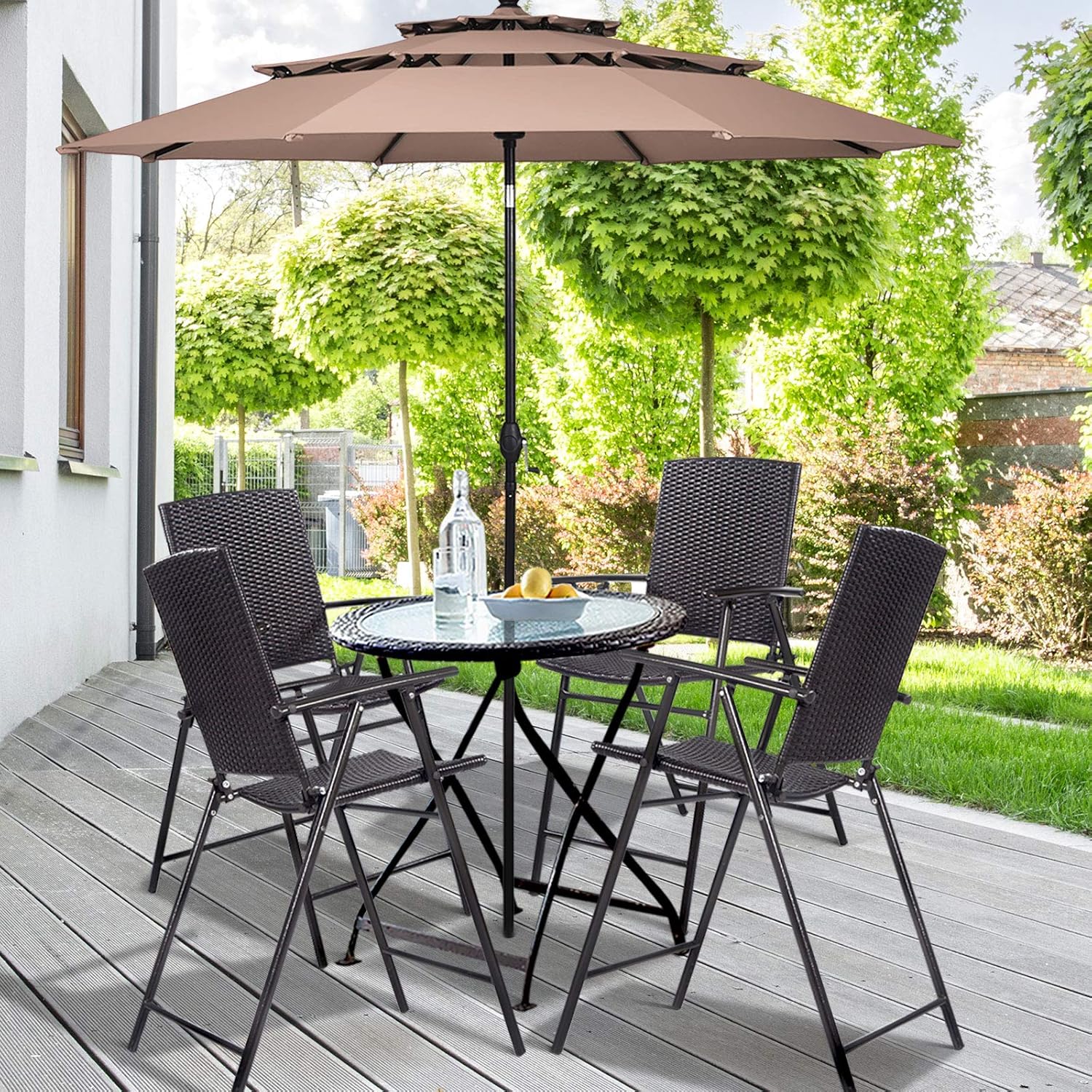Casart Folding Wicker Rattan Bar Chairs Set of 4, Tall Stool with Back, Steel Frame, Armrests and Footrest, Bar Stools Garden Patio Furniture Set