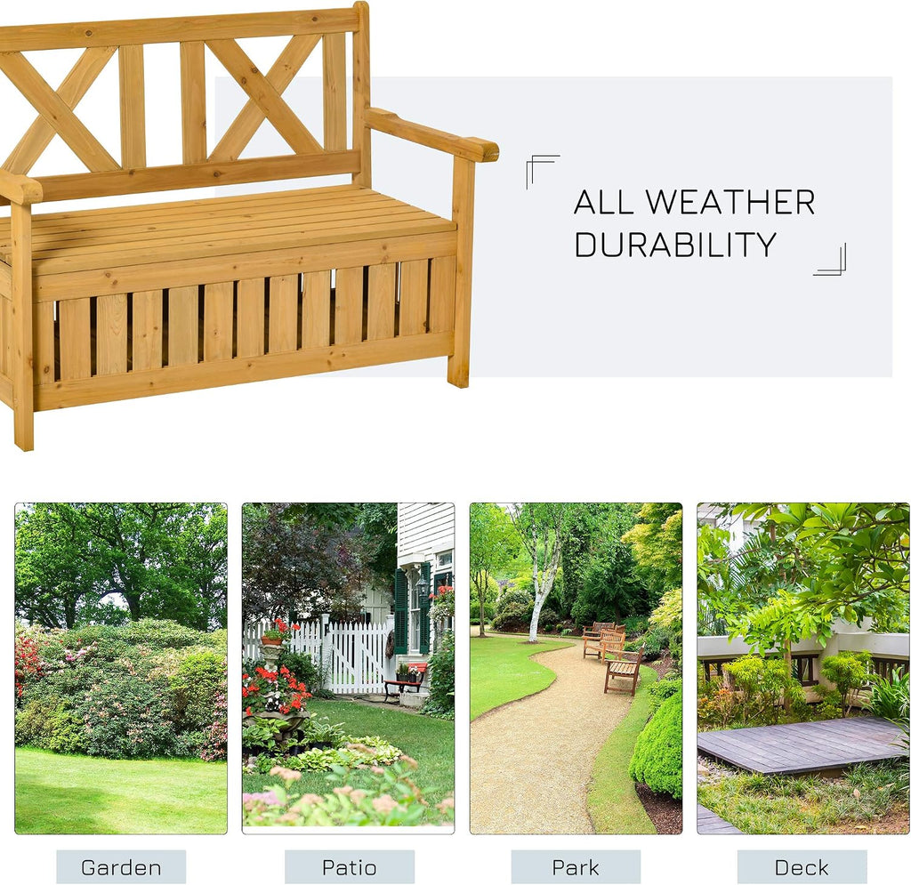 Patio Wooden Bench with Storage Box, 29 Gallon Outdoor Storage Bench, Large Entryway Deck Box w, Unique X Shape Back, for Deck, Porch Balcony, Yellow