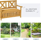 Patio Wooden Bench with Storage Box, 29 Gallon Outdoor Storage Bench, Large Entryway Deck Box w, Unique X Shape Back, for Deck, Porch Balcony, Yellow