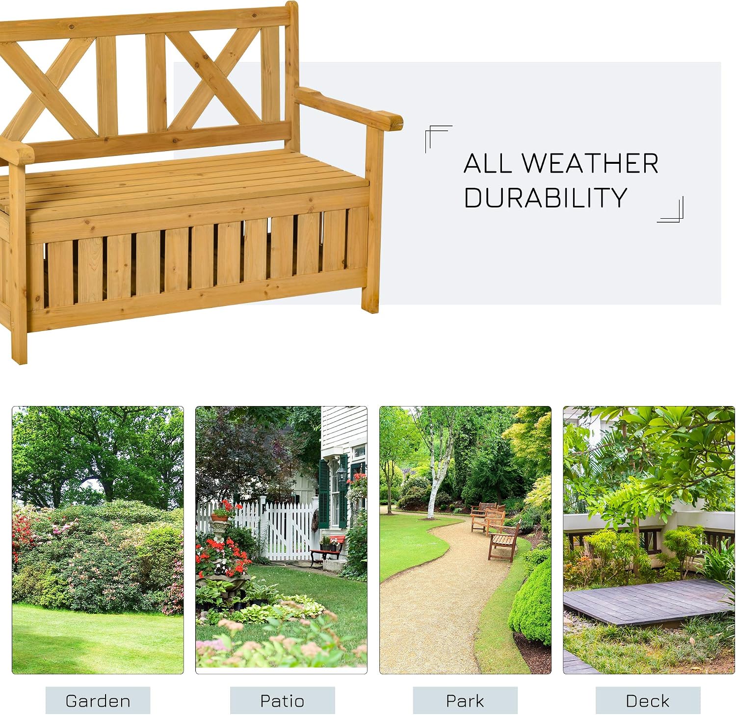 Patio Wooden Bench with Storage Box, 29 Gallon Outdoor Storage Bench, Large Entryway Deck Box w, Unique X Shape Back, for Deck, Porch Balcony, Yellow