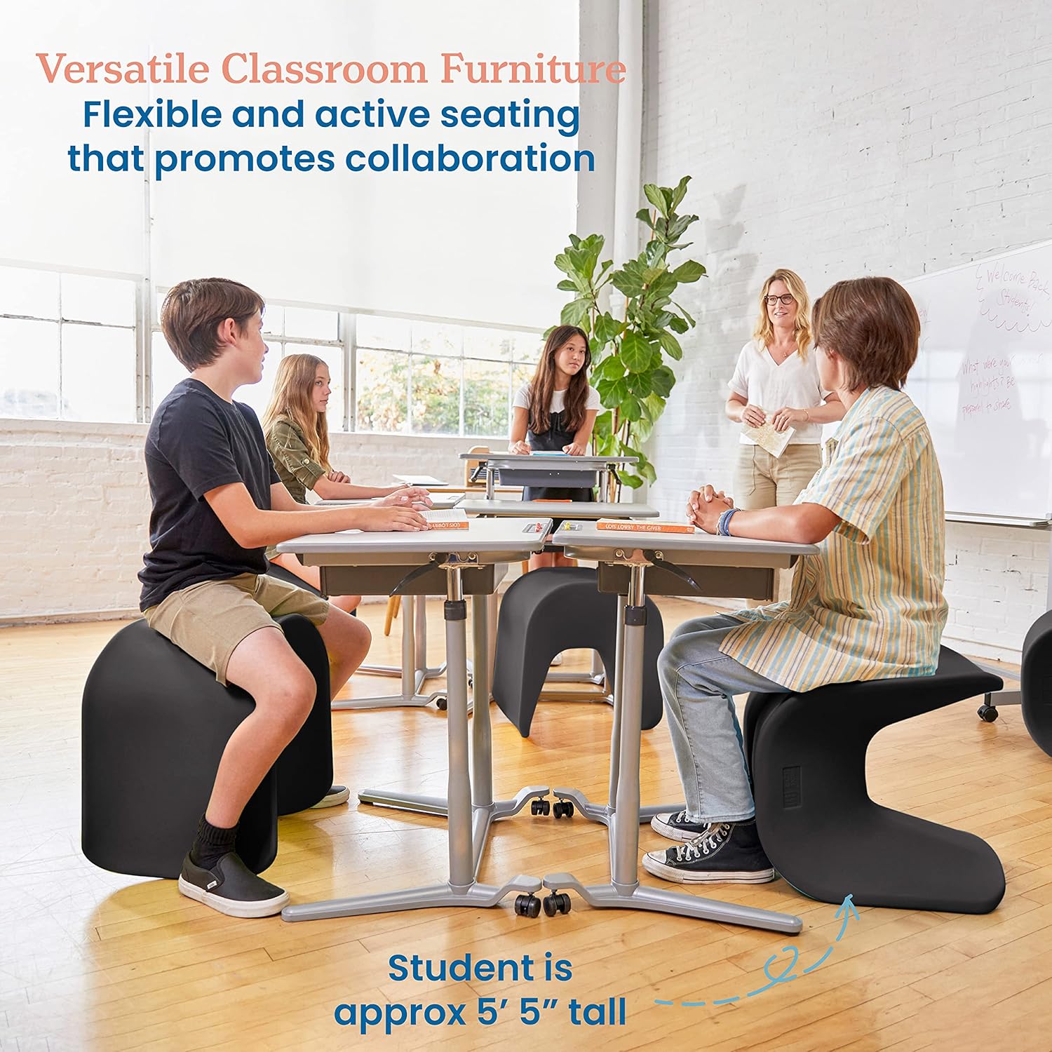 ECR4Kids Wave Seat Perch Stool, 18in - 19.6in Seat Height, Flexible Seating, Black