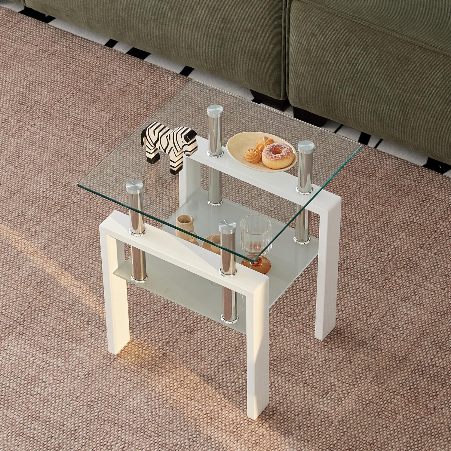 1PC Glass End Table - Modern Two Tiered Clear Nightstand Side Tables, Square Tempered Glass Table with White Metal Frame for Living Room or Bedroom 17.72" x 17.72" x 20.47"H