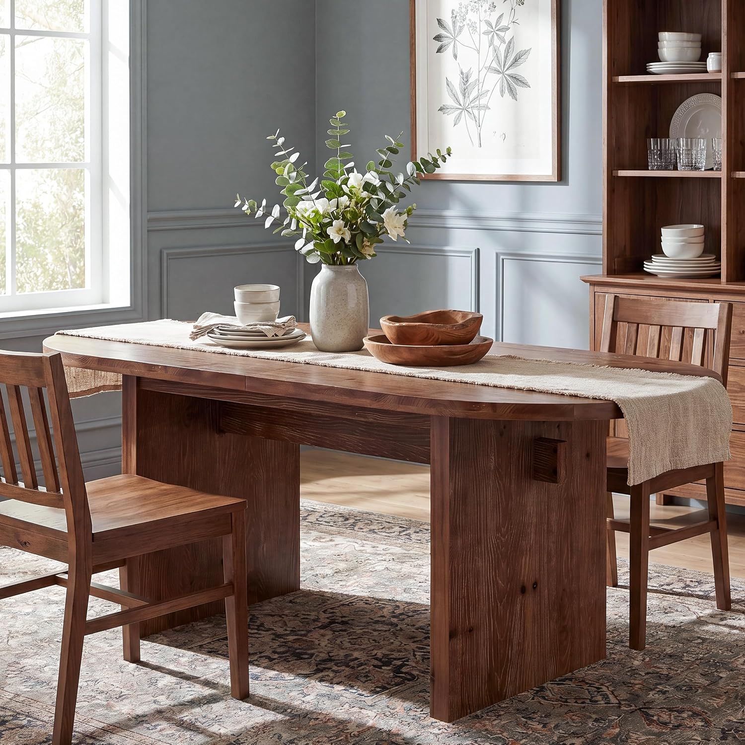 Tribesigns 63-Inch Oval Dining Table, Farmhouse Solid Wood Kitchen Table for 4-6, Large Dinner Furniture with Double Pedestal for Dining Room