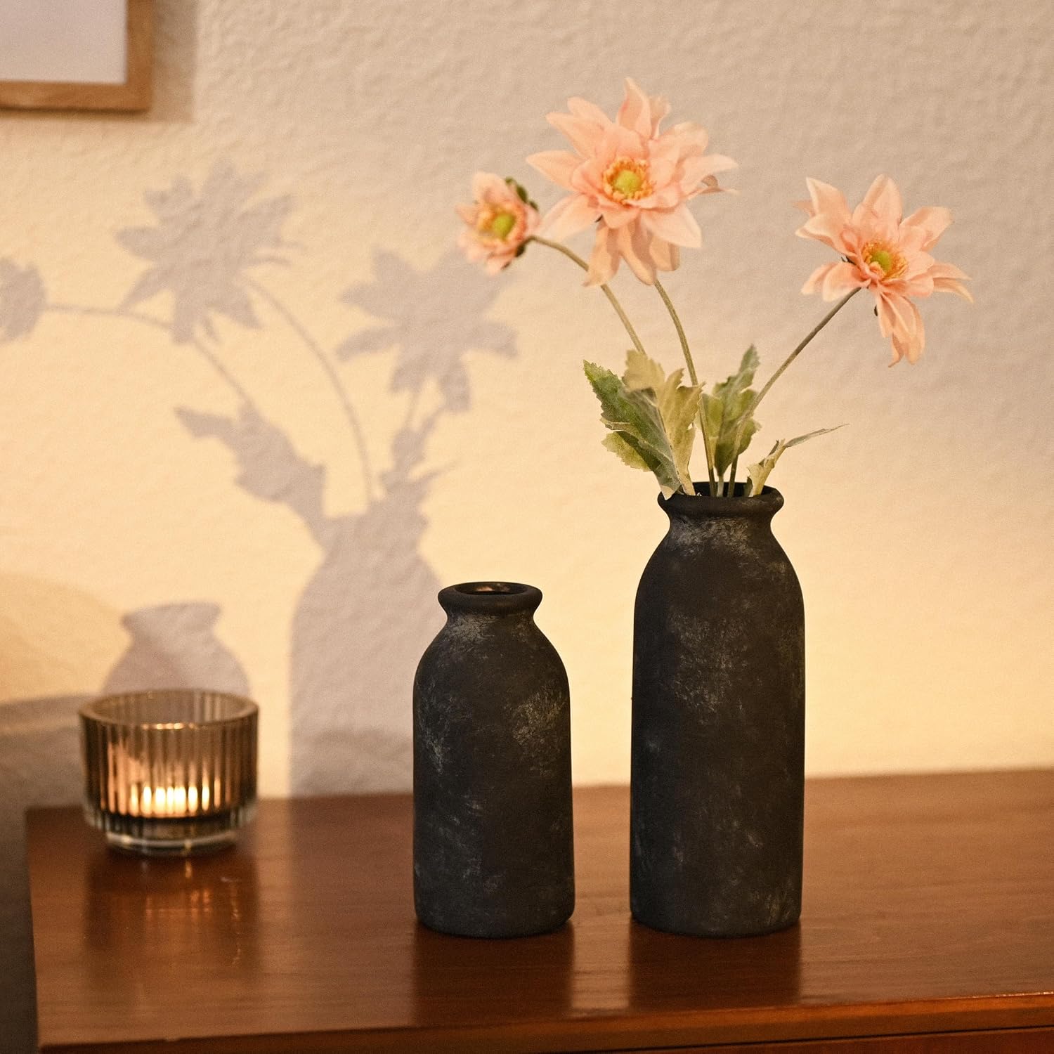 VICTOR & TERESA Black Ceramic Vases Home Decor, Flower Vase Set of 2, Farmhouse Vase for Flowers, Rustic Decorative Vases for Pampas Grass, Table, Living Room, Shelf, Centerpieces, 8 inch