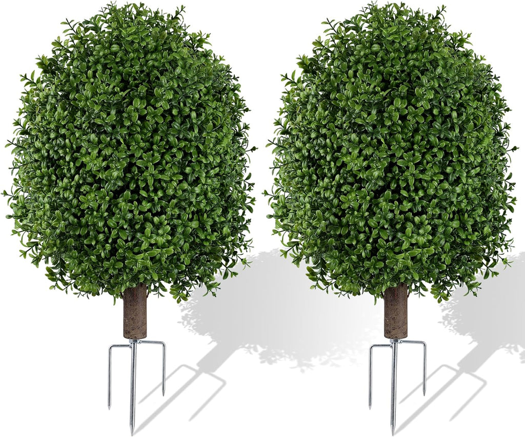 INSPRING 27'' Artificial Boxwood Topiary Trees Outdoor Fake Bushes Plants UV Resistant Evergreen Shrubs with Metal Ground Spike for Porch Patio Garden, 2 Pack