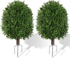 INSPRING 27'' Artificial Boxwood Topiary Trees Outdoor Fake Bushes Plants UV Resistant Evergreen Shrubs with Metal Ground Spike for Porch Patio Garden, 2 Pack