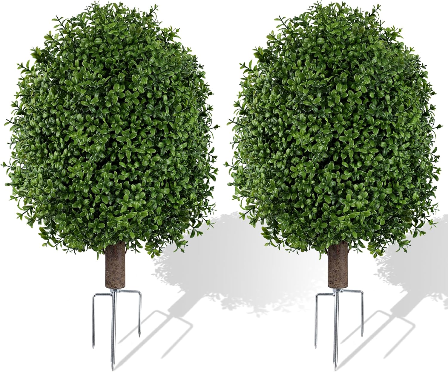 INSPRING 27'' Artificial Boxwood Topiary Trees Outdoor Fake Bushes Plants UV Resistant Evergreen Shrubs with Metal Ground Spike for Porch Patio Garden, 2 Pack