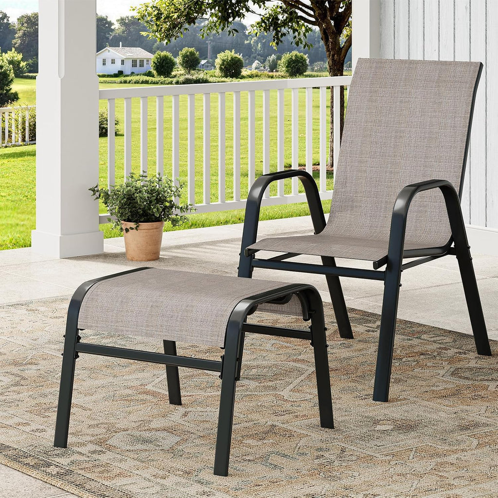 Outdoor Ottoman Set of 2, Comfort Outdoor Footstool with Supportive Textliene and Metal Frame, Stackable Oversized Outdoor Foot Rest for Patio, Garden, Pool, Balcony -Brown
