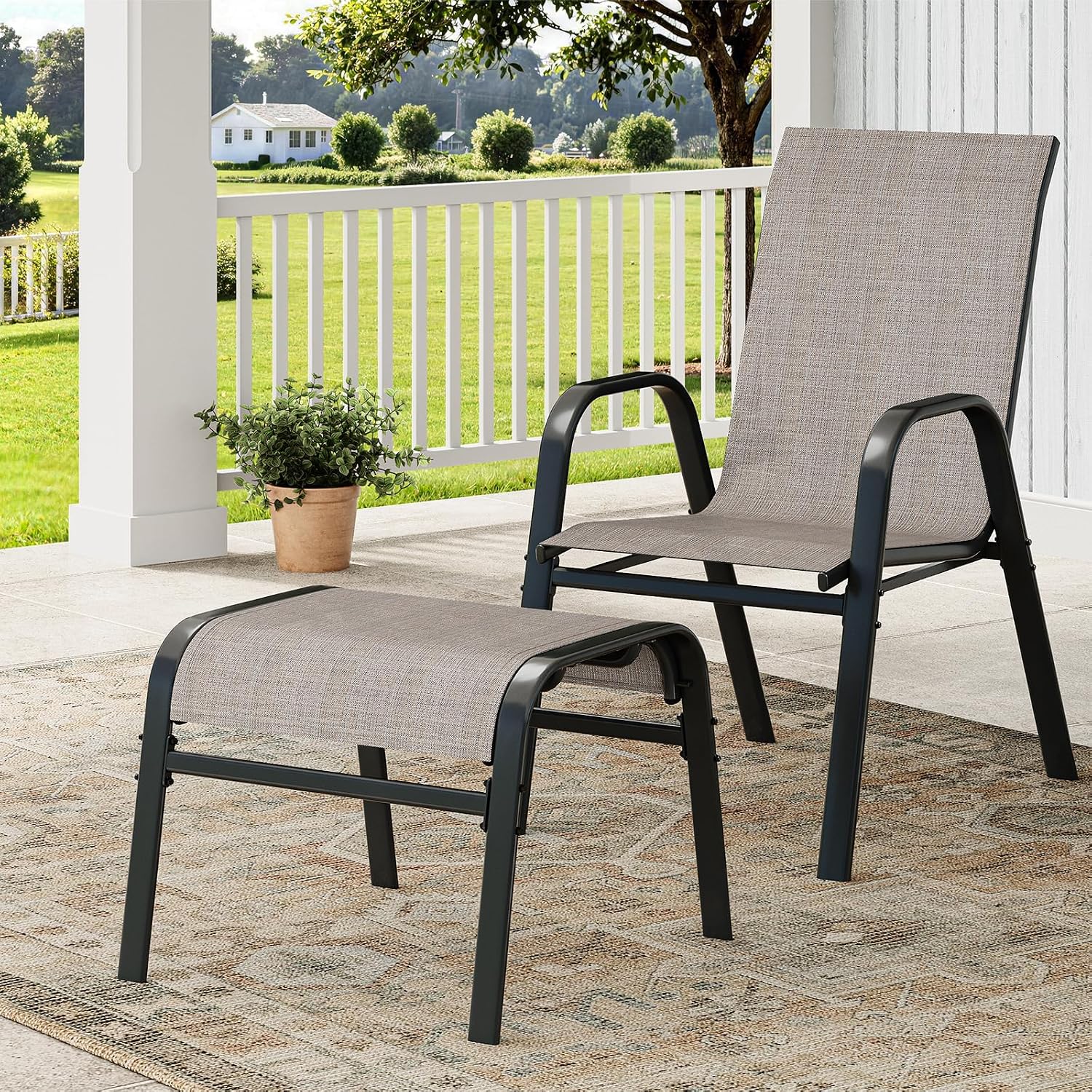 Outdoor Ottoman Set of 2, Comfort Outdoor Footstool with Supportive Textliene and Metal Frame, Stackable Oversized Outdoor Foot Rest for Patio, Garden, Pool, Balcony -Brown