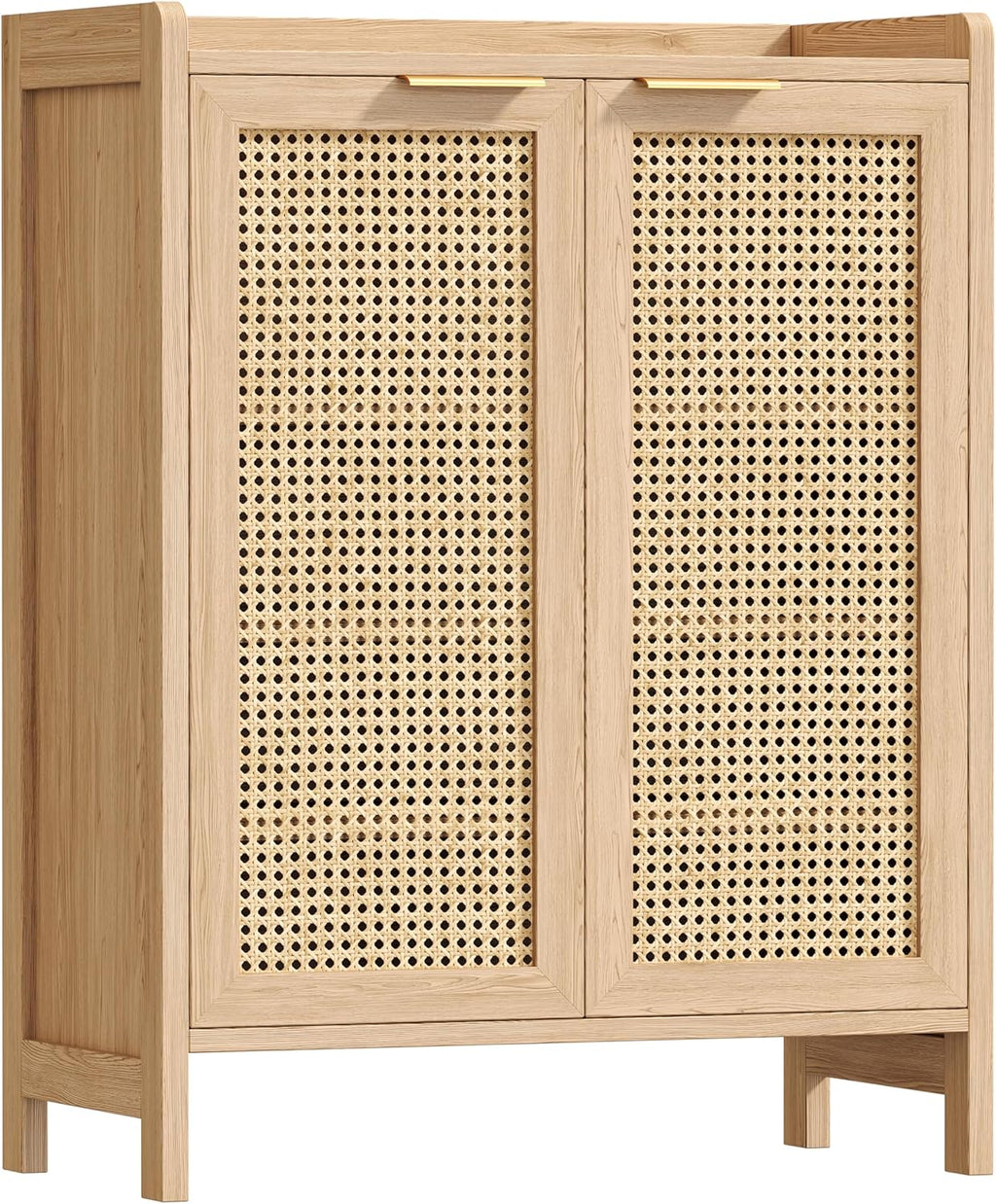 Rattan Shoe Storage Cabinet, 5-Tier Shoe Cabinet for Entryway, Wooden Shoe Rack Organizer with Doors and Adjustable Shelves, for Entryway, Hallway, Living Room, Natural Oak