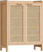 Rattan Shoe Storage Cabinet, 5-Tier Shoe Cabinet for Entryway, Wooden Shoe Rack Organizer with Doors and Adjustable Shelves, for Entryway, Hallway, Living Room, Natural Oak