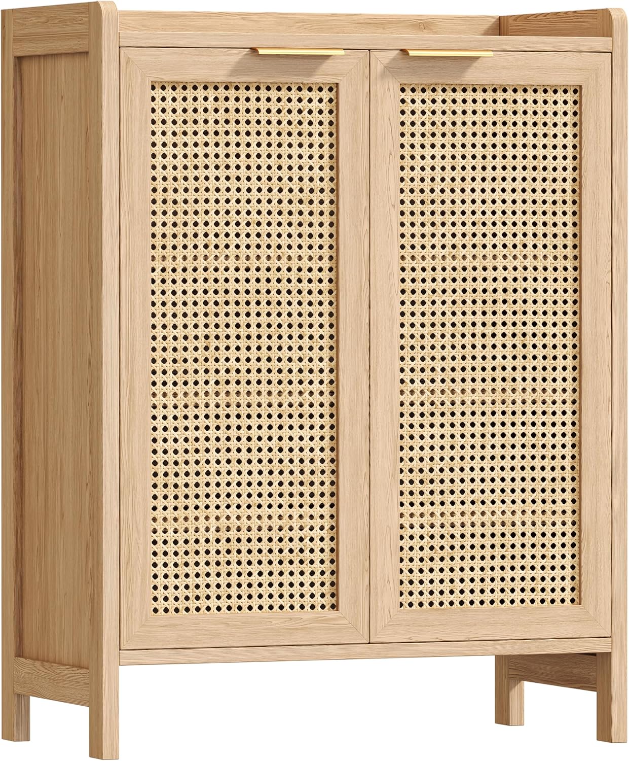 Rattan Shoe Storage Cabinet, 5-Tier Shoe Cabinet for Entryway, Wooden Shoe Rack Organizer with Doors and Adjustable Shelves, for Entryway, Hallway, Living Room, Natural Oak