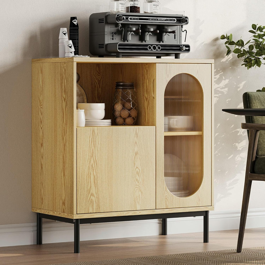 Einhomn Sideboard Buffet Cabinet with Fluted Glass Doors and Adjustable Shelf, Wood Modern Accent Cabinet with Storage for Kitchen, Living Room, Entryway, Natural
