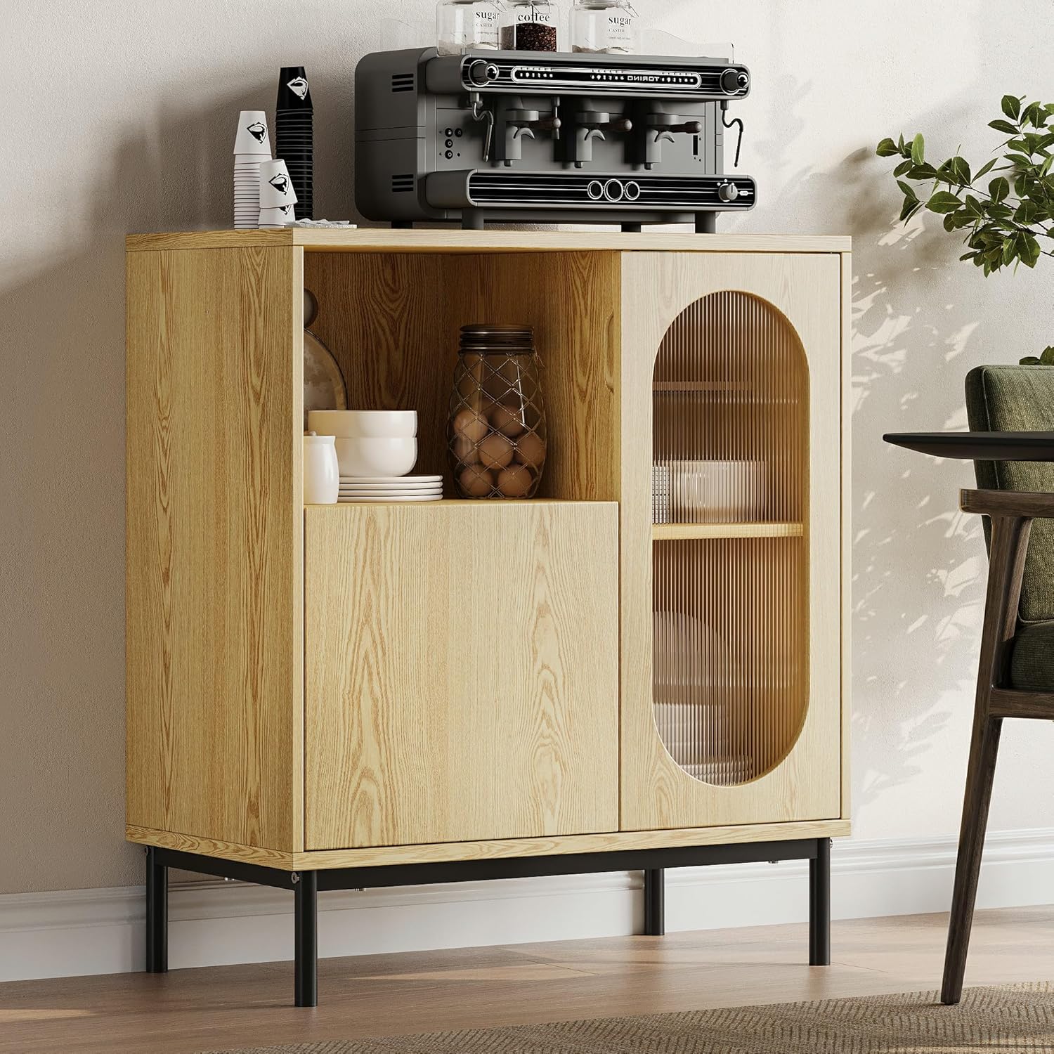 Einhomn Sideboard Buffet Cabinet with Fluted Glass Doors and Adjustable Shelf, Wood Modern Accent Cabinet with Storage for Kitchen, Living Room, Entryway, Natural