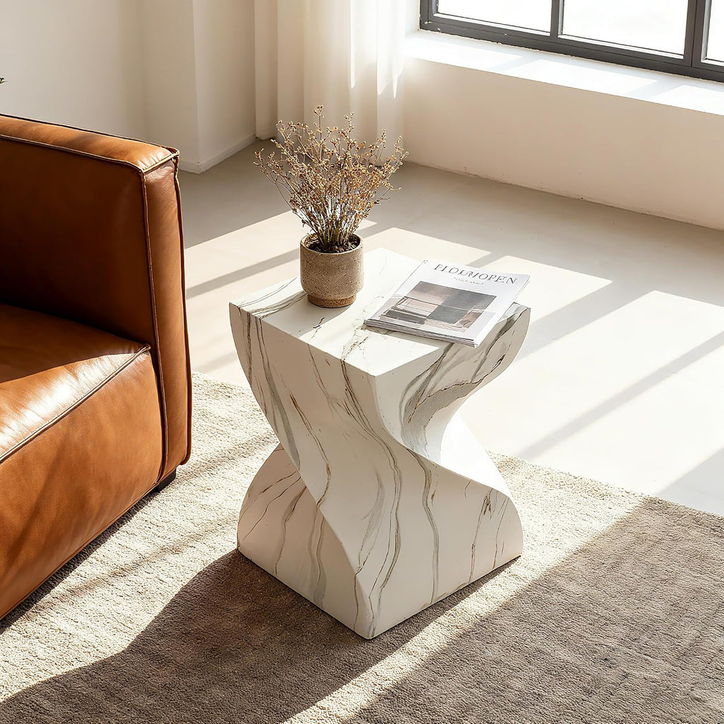 14.4" Round Stone Side Table, Outdoor Patio End Table, Faux Marble Accent Table, Weather Resistant Garden Stool Table, Modern Small Side Table for Indoor Outdoor Living Room Patio